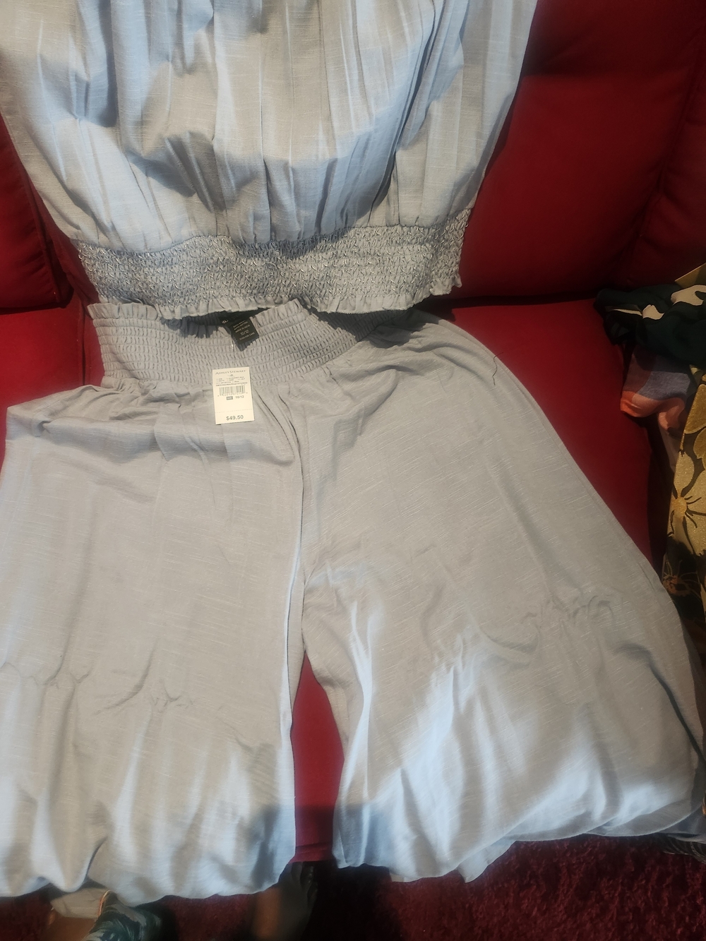 Light Blue Smocked Waist Wide-Leg Jumpsuit - Women